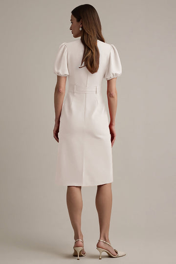Ivory Satin Notched Lapel Short Sleeves Midi Work Dress with Belt